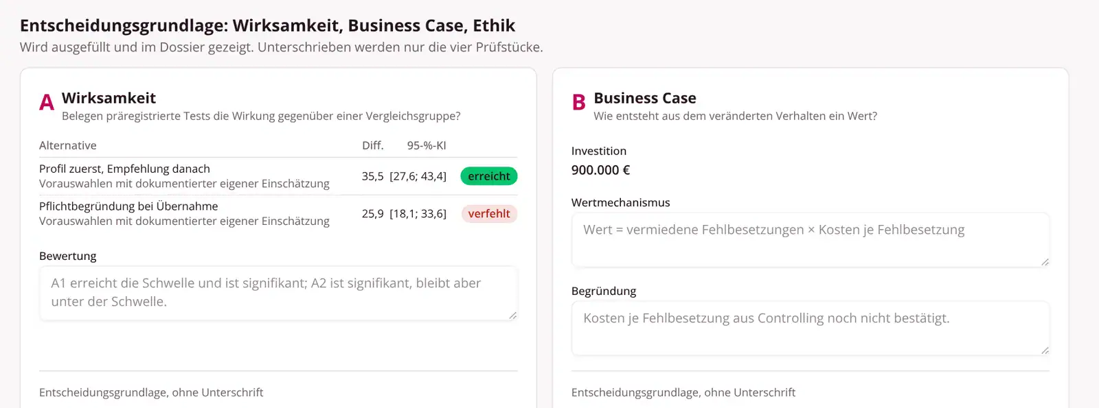 BEHADAS-Anwendung: Entscheidungsgrundlage mit Wirksamkeit und Business Case