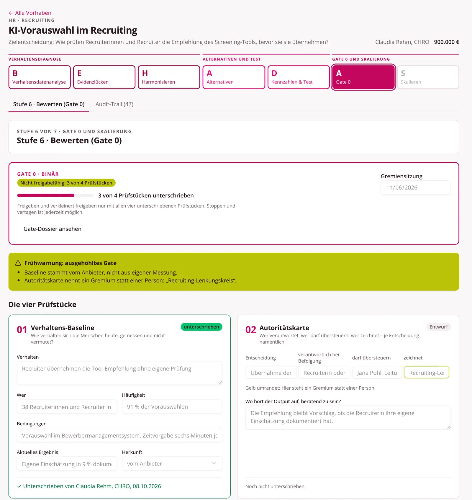 BEHADAS-Anwendung: Gate 0 mit drei von vier unterschriebenen Prüfstücken und zwei Frühwarnungen