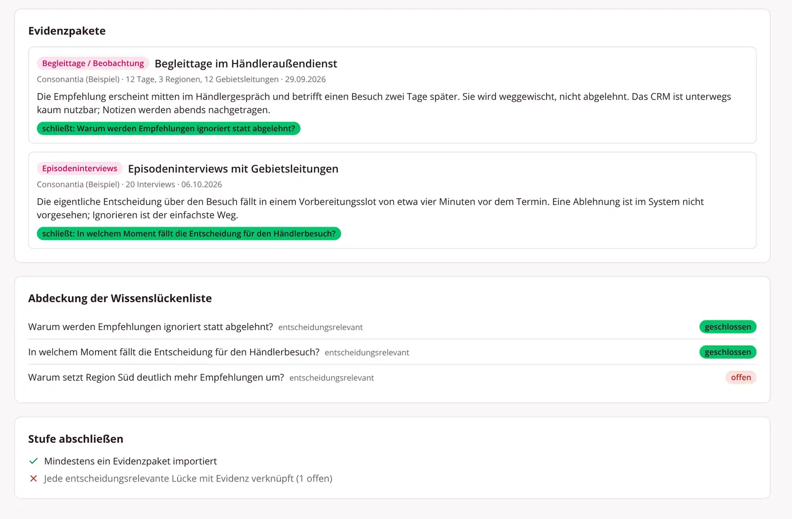 BEHADAS-Anwendung: Evidenzpakete und Abdeckung der Wissenslückenliste in Stufe 2